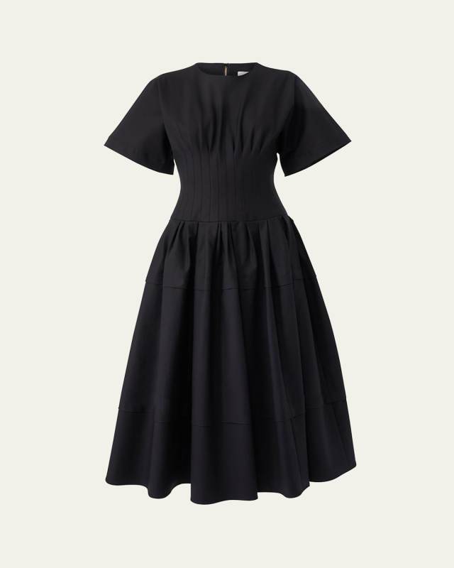 Short-Sleeve Pleated-Waist Midi Dress